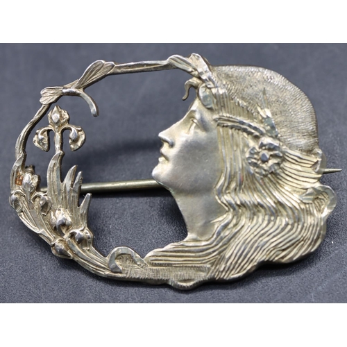 524 - An Edward VII silver Art Nouveau style brooch in the form of a figurehead of a lady, maker's mark AJ... 