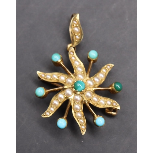 540 - A 9ct gold pendant/brooch in the form of a star mounted with half pearls and turquoise, 3.5cm high, ... 