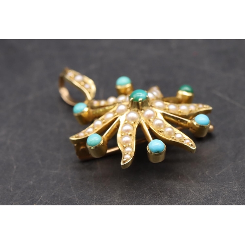 540 - A 9ct gold pendant/brooch in the form of a star mounted with half pearls and turquoise, 3.5cm high, ... 