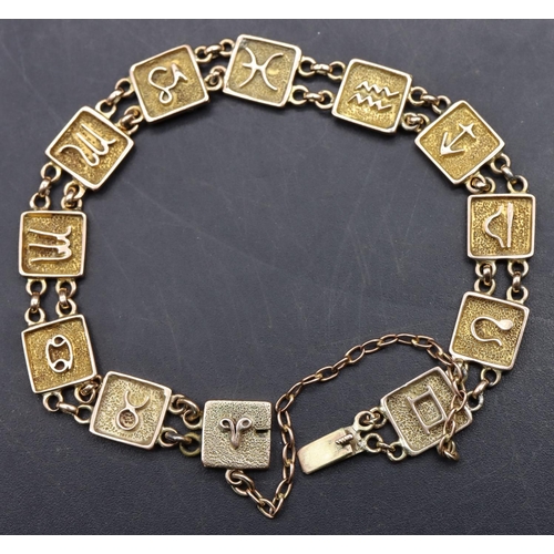 542 - A Continental gold square panel bracelet depicting various symbols, 10 grams