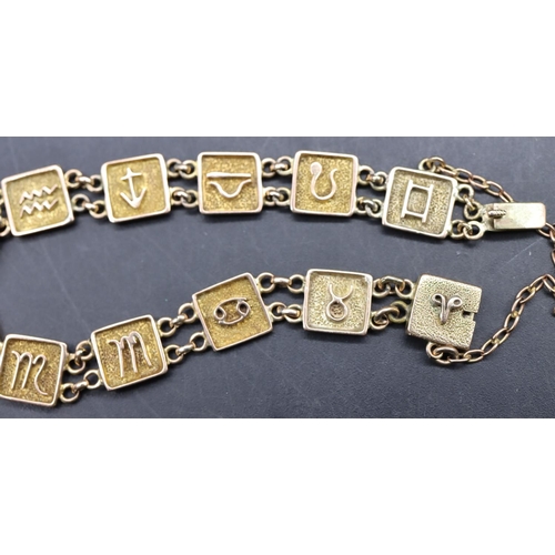 542 - A Continental gold square panel bracelet depicting various symbols, 10 grams