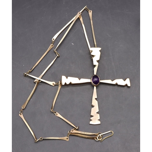 546 - A 9ct gold large cross pendant set with centre amethyst, with matching chain, maker's mark DBS, 25 g... 