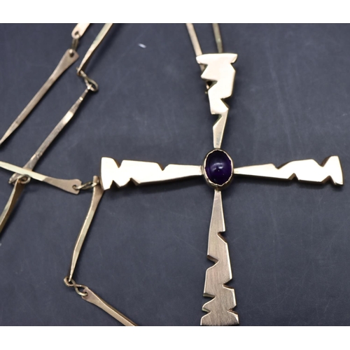 546 - A 9ct gold large cross pendant set with centre amethyst, with matching chain, maker's mark DBS, 25 g... 