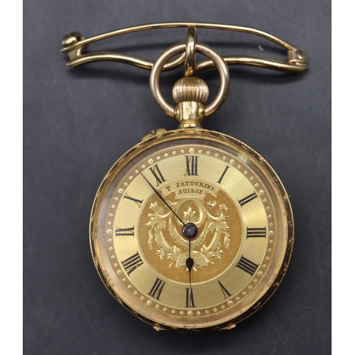 548 - T Fattorini, 18ct gold fob watch with allover chased floral, leaf and scroll decoration, gilt dial w... 