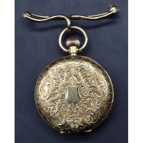 548 - T Fattorini, 18ct gold fob watch with allover chased floral, leaf and scroll decoration, gilt dial w... 