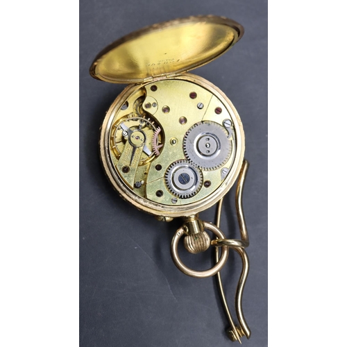 548 - T Fattorini, 18ct gold fob watch with allover chased floral, leaf and scroll decoration, gilt dial w... 