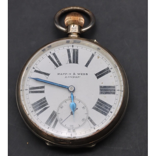 561 - Mappin & Webb 935 silver coloured metal Goliath pocket watch with white enamel dial, seconds dial an... 