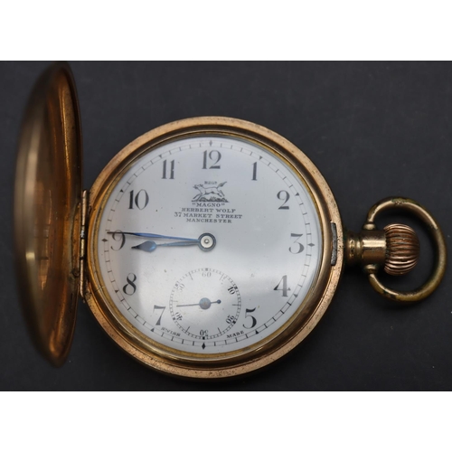 585 - Herbert Wolf gold plated pocket watch with white enamel dial, seconds dial and Arabic numerals.