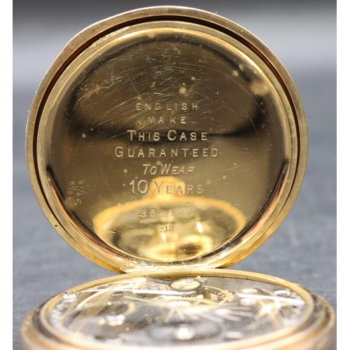 585 - Herbert Wolf gold plated pocket watch with white enamel dial, seconds dial and Arabic numerals.