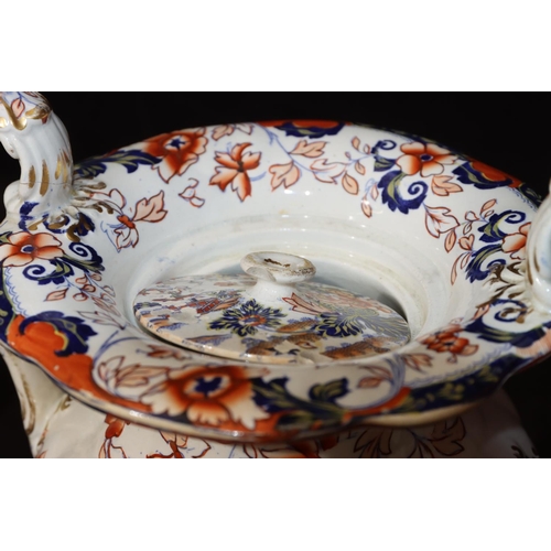 61 - A stone china Imari pattern round bulbous thin necked 2-handled pot with inner cover (inner cover ch... 