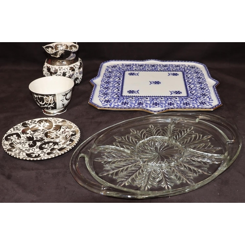 62 - A Minton large square blue and white tray with floral, leaf and scroll decoration, 40cm wide, a Wedg... 