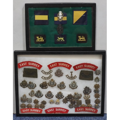 642 - Various East Surrey Military Regiment badges etc. all in single frame and another framed set (2)