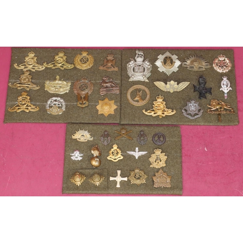 643 - A small quantity of various military cap badges etc. on 3 green panels