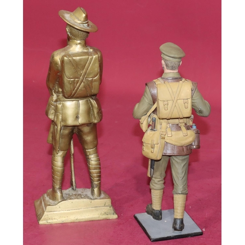 646 - A heavy painted metal figure of a military gentleman walking, on square base, 25.5cm high, a brass f... 