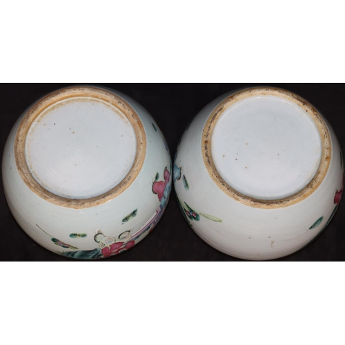 67 - A pair of 19th Century Chinese round bulbous shaped ginger jars with wooden covers and stands on whi... 