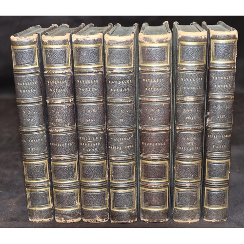 729 - A set of 7 part leather bound books Waverley novels, circa. 1845, by Robert Cadell, vols. 17, 18, 19... 