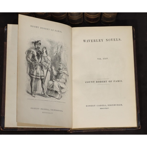 729 - A set of 7 part leather bound books Waverley novels, circa. 1845, by Robert Cadell, vols. 17, 18, 19... 