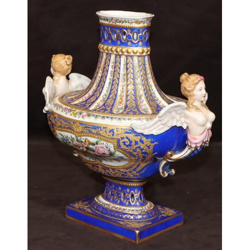 73 - A Sevres large oval bulbous thin necked vase with 2 raised winged angels on white and blue ground wi... 