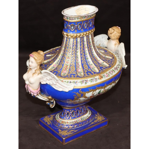 73 - A Sevres large oval bulbous thin necked vase with 2 raised winged angels on white and blue ground wi... 