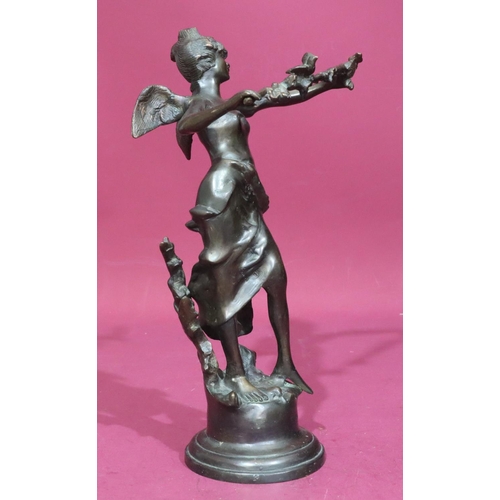 739 - A reproduction bronze figure of a winged young lady holding a branch with bird, on round base, 37cm ... 