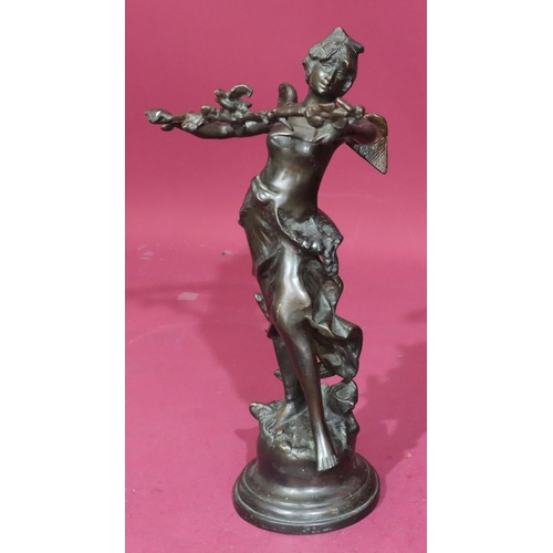 739 - A reproduction bronze figure of a winged young lady holding a branch with bird, on round base, 37cm ... 