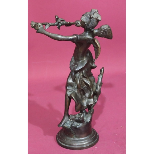 739 - A reproduction bronze figure of a winged young lady holding a branch with bird, on round base, 37cm ... 