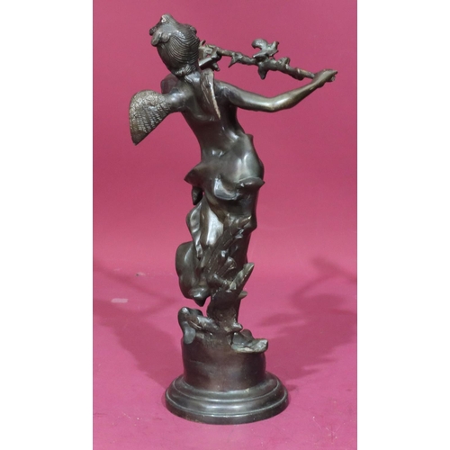 739 - A reproduction bronze figure of a winged young lady holding a branch with bird, on round base, 37cm ... 