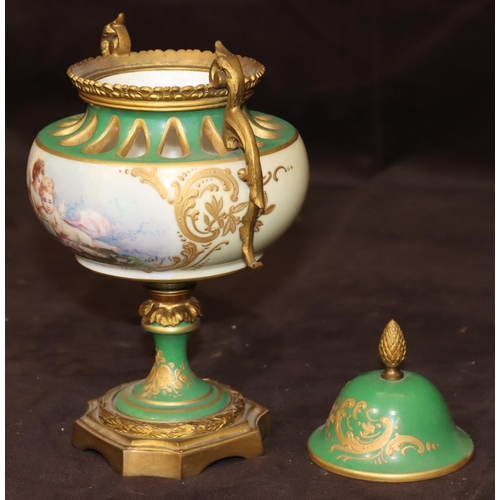 74 - A Sevres porcelain and ormolu round bulbous thin necked lidded potpourri on white and green ground w... 