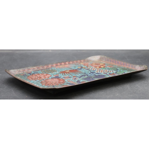 740 - An Oriental cloisonné rectangular shaped dish with multi-coloured floral and leaf decoration, 25cm w... 