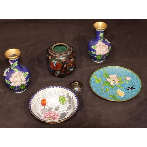 744 - A cloisonné small hexagonal ginger jar with cover (finial missing) with multi-coloured floral, leaf ... 