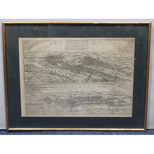 758 - An antique Continental engraving,  split in half, depicting Praga and Egra, 34.5cm x 48cm, in single... 