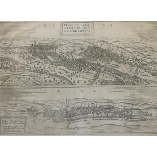 758 - An antique Continental engraving,  split in half, depicting Praga and Egra, 34.5cm x 48cm, in single... 