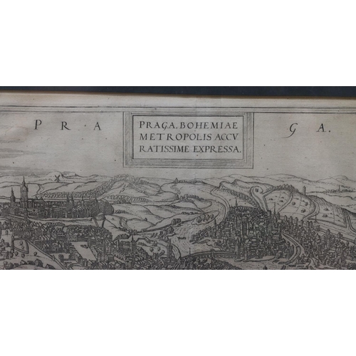 758 - An antique Continental engraving,  split in half, depicting Praga and Egra, 34.5cm x 48cm, in single... 