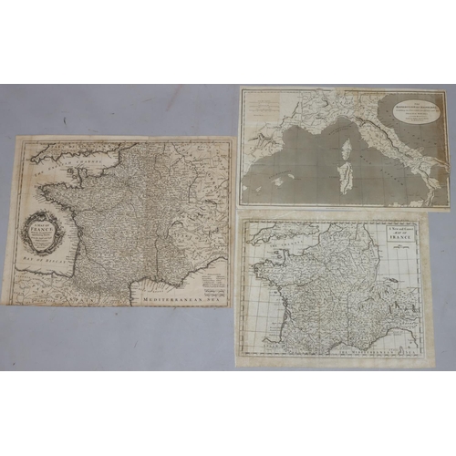 767 - An early black and white map of France, 38.5cm x 50cm and a similar black and white map 