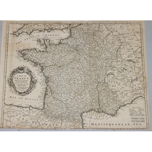 767 - An early black and white map of France, 38.5cm x 50cm and a similar black and white map 