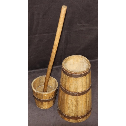 779 - A wooden circular butter churn with metal mounts, 68cm high overall