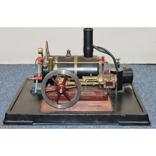 791 - A Perseus stationary live model steam engine on rectangular metal base, 38cm x 32cm