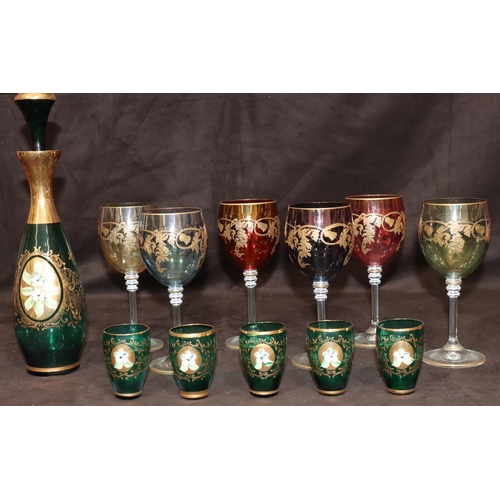 80 - A set of 6 coloured hock glasses with gilt, leaf and scroll decoration on round bases, 17cm high, a ... 