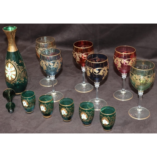 80 - A set of 6 coloured hock glasses with gilt, leaf and scroll decoration on round bases, 17cm high, a ... 