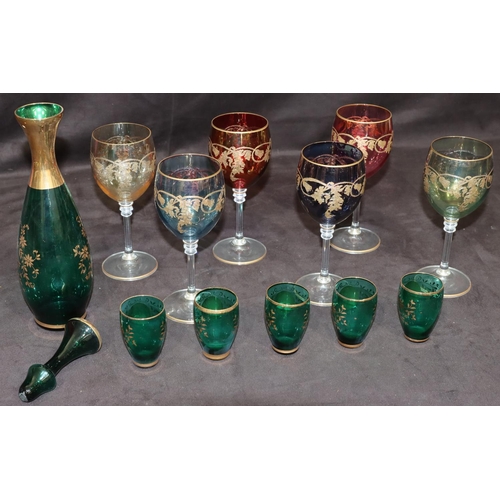 80 - A set of 6 coloured hock glasses with gilt, leaf and scroll decoration on round bases, 17cm high, a ... 