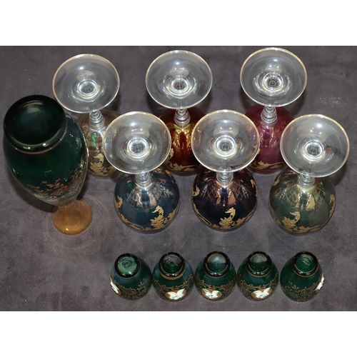 80 - A set of 6 coloured hock glasses with gilt, leaf and scroll decoration on round bases, 17cm high, a ... 