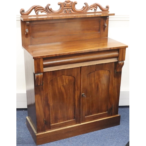 807 - A 19th Century mahogany chiffonier with shelf back, 1 long drawer above 2 panel doors with carved sc... 