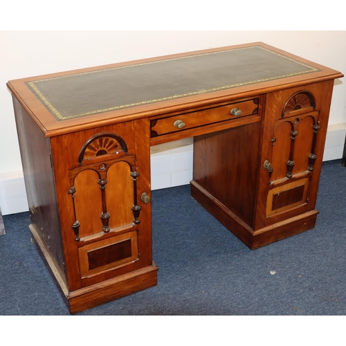 808 - A late Victorian kneehole desk with green leather inset top, part inlay decoration, centre drawer fl... 