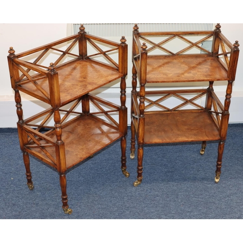 813 - A pair of burr elm 20th Century 2-tier étagère with gallery tops and turned stems and legs, on gilt ... 