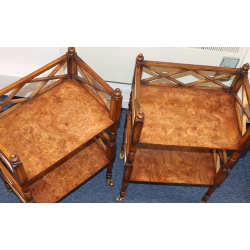 813 - A pair of burr elm 20th Century 2-tier étagère with gallery tops and turned stems and legs, on gilt ... 