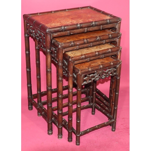 821 - An Oriental quartetto set of coffee tables with bamboo style rims and legs, largest 49cm wide, 35cm ... 