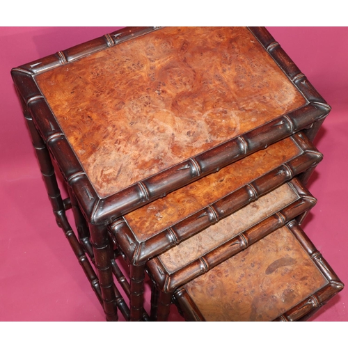 821 - An Oriental quartetto set of coffee tables with bamboo style rims and legs, largest 49cm wide, 35cm ... 