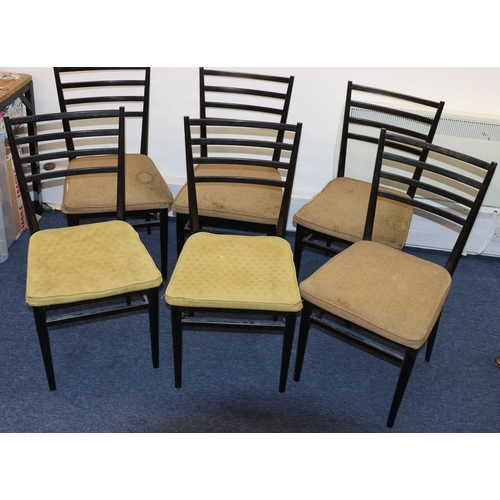 828 - A set of 6 Meredew ebonised single chairs on round tapering legs (some ebony rubbed and seats in nee... 