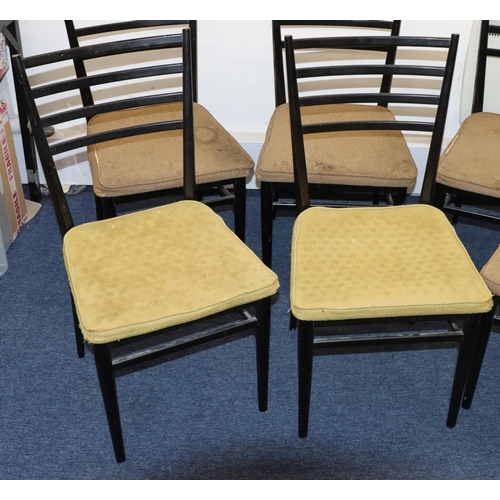 828 - A set of 6 Meredew ebonised single chairs on round tapering legs (some ebony rubbed and seats in nee... 