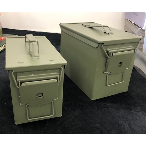 7006 - 2 modern metallic khaki green ammunition boxes, 18.5 x .205 x 22.5cm and 15.5 x 30 x 18.5cm. (As new... 